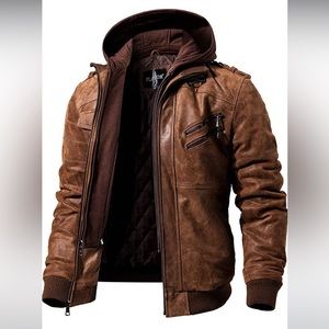 NWT! FLAVOR Brown Leather Moto Jacket with Removable Hood